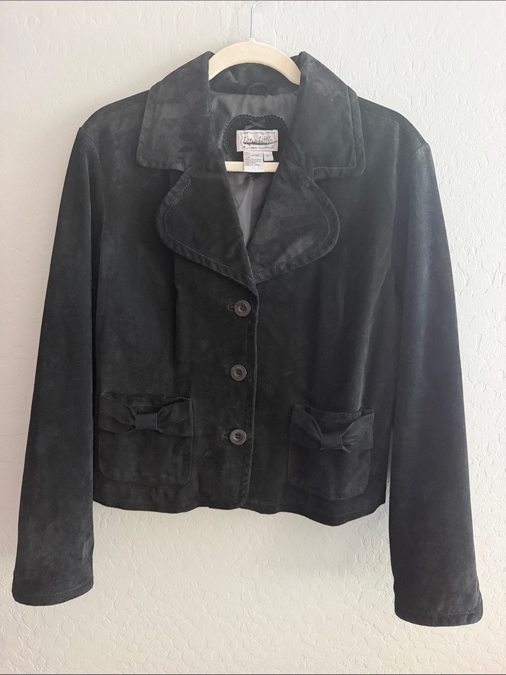 Vintage Love a Little Black Suede Women's Jacket with Decorative Pocket Bows L